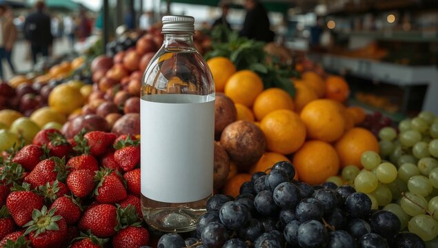 Clean Juice Bottle Sleeve Packaging Mockup in Fresh Market Setting