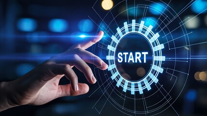 Futuristic digital start button interface with hand touch activation

