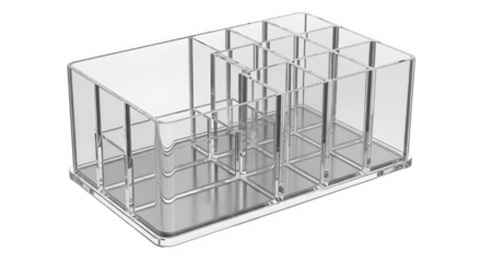 Clear acrylic makeup organizer with multiple compartments for storing cosmetic brushes, lipsticks, and beauty tools, isolated on transparent background