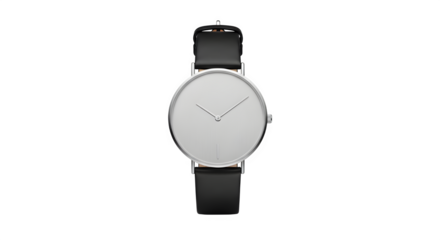 Minimalist modern wristwatch with a silver case, clean white dial featuring simple hour and minute hands, and a black leather strap, isolated on transparent background