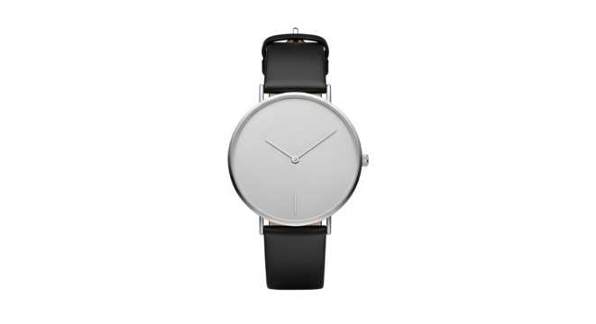 Minimalist modern wristwatch with a silver case, clean white dial featuring simple hour and minute hands, and a black leather strap, isolated on transparent background