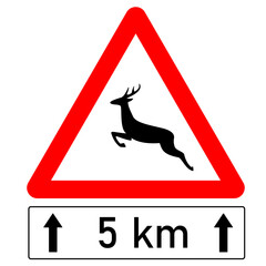 Traffic sign warns about wild animals crossing the road with blue cloudy sky