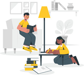 Illustration of two dedicated students, a boy reading on a floating sofa and a girl writing notes in a cozy room setting
