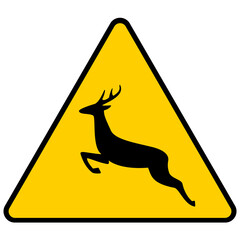 Signo de tri&aacute;ngulo amarillo vectorial - ciervo de silueta negra. Aislado sobre fondo blanco.