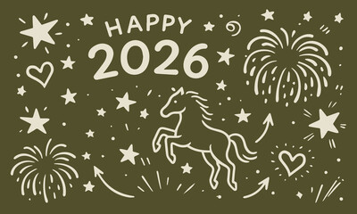 Happy new year 2026. Black doodle lettering on white background. Lettering design for poster, banner, prints.