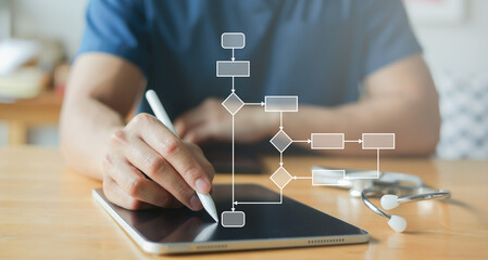 Doctor plan on medical workflow with digital flowchart on transparent screen, representing...