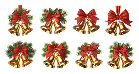 Set of golden christmas bells with a red ribbon bow, evergreen branches, red berries and holly leaves isolated on transparent, PNG background. Nativity jingle bells, festive Xmas decorations. 