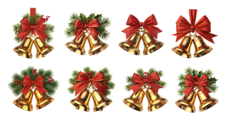 Set of golden christmas bells with a red ribbon bow, evergreen branches, red berries and holly leaves isolated on transparent, PNG background. Nativity jingle bells, festive Xmas decorations. 