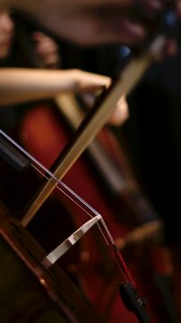Close up of Musician Playing Cello with Bow in rehearsal studio