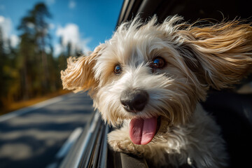 A joyful fluffy dog leans out of a moving car window, ears flying in the wind, enjoying the sunshine and freedom of the road with pure excitement and happiness.