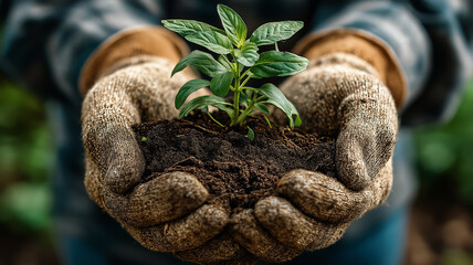 Hands wearing worn gardening gloves hold a small green plant with rich soil, symbolizing growth, nurturing, sustainability, and connection to nature.