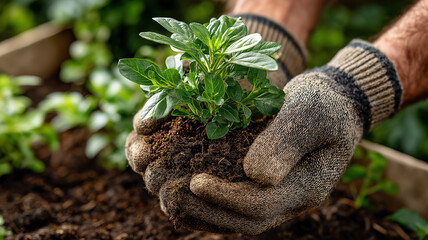 Hands wearing gardening gloves gently hold a young green plant with rich soil, symbolizing growth, sustainability, and the nurturing care of nature.