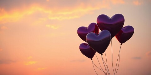 Fototapeta premium Heart-shaped balloons floating against a sunset sky, background, art