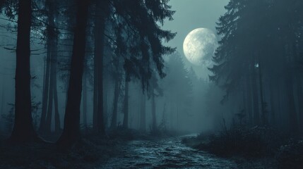 Fototapeta premium A serene forest at night features tall pine trees silhouetted against a luminous full moon. A winding path leads through the misty setting creating an enchanting atmosphere.