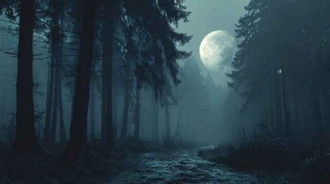 A serene forest at night features tall pine trees silhouetted against a luminous full moon. A winding path leads through the misty setting creating an enchanting atmosphere.