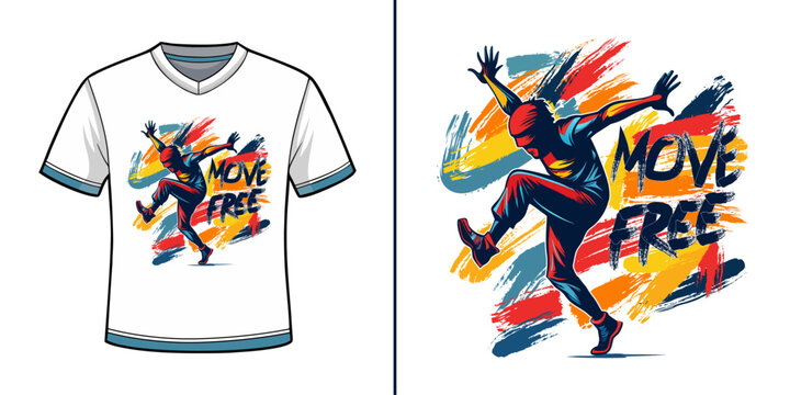 Break-dancer in motion with energetic paint strokes, typography ''Move Free'', t shirt vector design