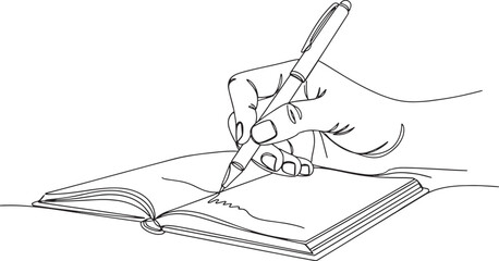 Hand writing in open book with pen sketch style illustration