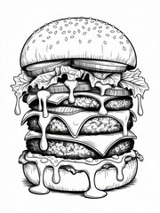 Detailed monochrome drawing of a towering burger with dripping sauce and visible ingredients