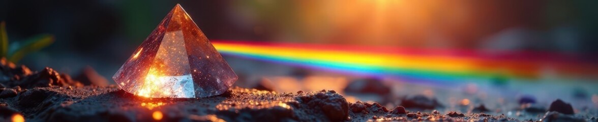Crystal prism refracting sunlight into vibrant rainbow, iridescent, art