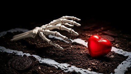 Skeleton Hand Reaching for Red Heart on Dark Soil bone human skeleton