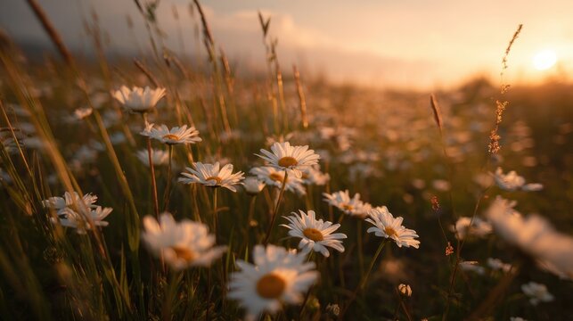 Wild daisies bloom abundantly in a grassy field during a warm summer evening. The golden sunset casts a beautiful glow over the scene creating a peaceful atmosphere.