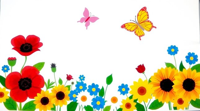 Vibrant floral border with sunflowers poppies and butterflies on white background