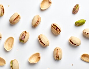 Scattered Open Pistachio Nuts and Shells on a White Background