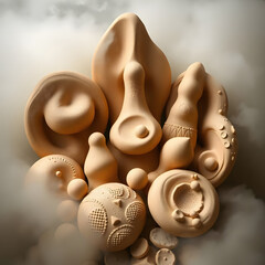 This image presents an artistic arrangement of various organic, sculptural forms, likely made from clay or a similar natural material, in earthy tones. The shapes are abstract and irregular, some rese
