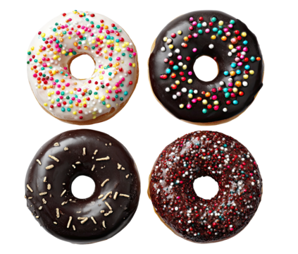 Four frosted ring pastries with colorful and chocolate sprinkles