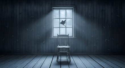 Eerie atmosphere with shattered glass window and stark wooden chair bathed in moonlight, perfect for suspenseful narratives and mysterious scenes