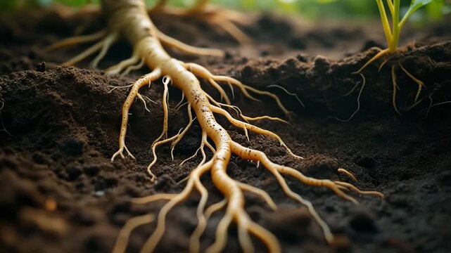 Detailed macro perspective of a plant root system in fertile soil.