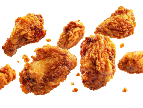 Crispy fried chicken pieces floating against a dark background (2)