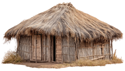 Rustic thatched hut with wooden door and dry grass surroundings