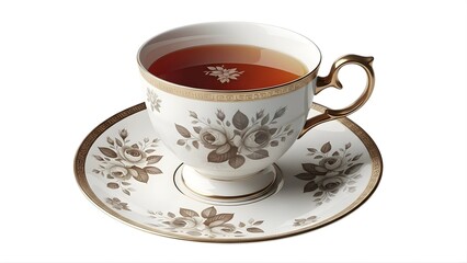 Obraz premium Elegant teacup and saucer with hot tea, featuring a delicate floral pattern, isolated on white background