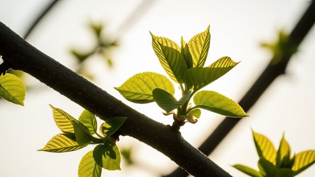 Vibrant young green leaves emerging from a tree branch bathed in natural sunlight against a soft blurred background capturing the essence of spring's new beginnings