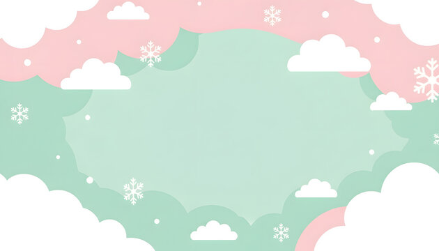 Cute Pastel Pink and Green Winter Background with Clouds and Snowflakes - Powered by Adobe