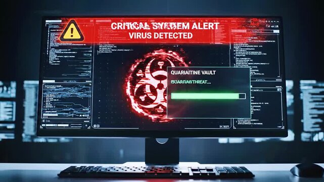 Dark workstation with a monitor flashing a red virus alert, neon code on screen, warning panel. Now