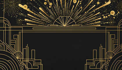 Luxury Black and Gold Art Deco Background with Geometric Sunburst and Fireworks