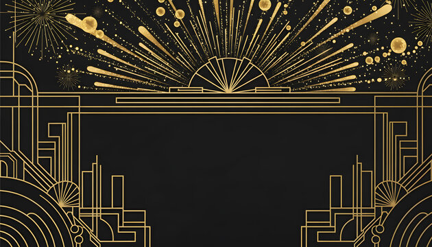 Luxury Black and Gold Art Deco Background with Geometric Sunburst and Fireworks