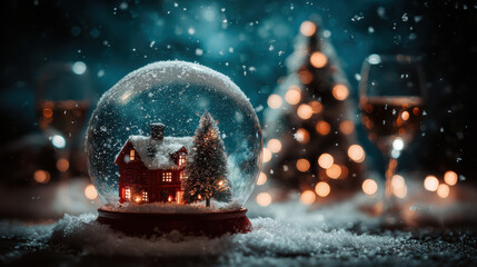 Festive Christmas snow globe with cozy glowing house inside. magical winter holiday scene creating feeling of warmth and wonder