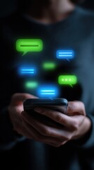 Person using smartphone with message bubbles