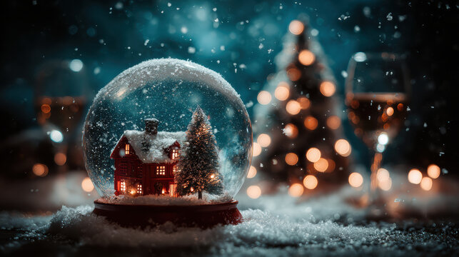 Festive Christmas snow globe with cozy glowing house inside. magical winter holiday scene creating feeling of warmth and wonder