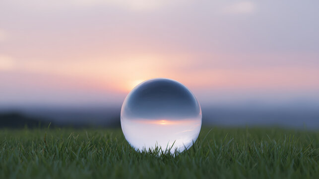 Serene crystal ball rests on lush green grass, reflecting peaceful sunset. beautiful abstract concept for future, hope, and nature