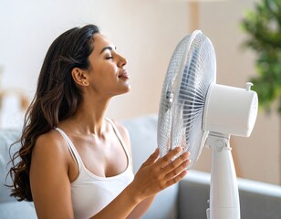 Woman cooling herself with a fan (1)