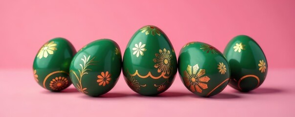 Dark green eggs with gold folklore designs, pink background , pink, art, eggs