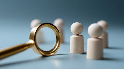 Golden magnifying glass for talent search and recruitment focuses on one wooden figurine. Human resources concept for finding right person