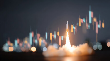 Powerful rocket launch concept with vibrant financial chart background represents rapid business growth, investment success and stock market