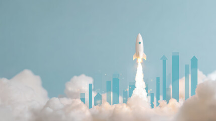 Optimistic rocket launch symbolizes business startup growth and success. hopeful vision for finance, investment, ambition, and bright future