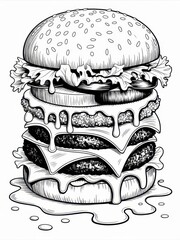 Detailed black and white line art illustration of a towering triple cheeseburger with toppings