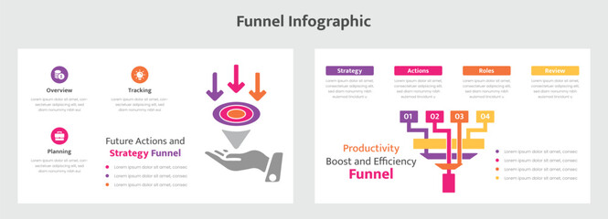 Fototapeta premium Colorful Funnel Infographic Featuring Overview, Tracking, and Strategy for Engaging Business Presentations and Data Visualization